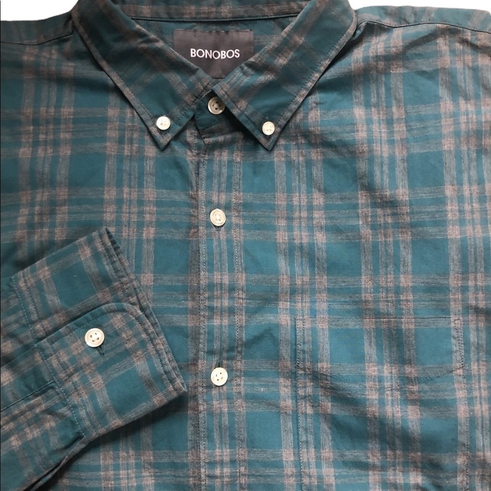 Bonobos Blue Gray Plaid LS Slim Fit Casual Shirt Size Large Long Button Down